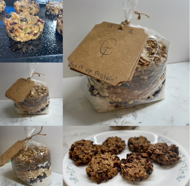 pictures of Tori and Claire's protein cookie mix in bags with lables, and some baked cookies