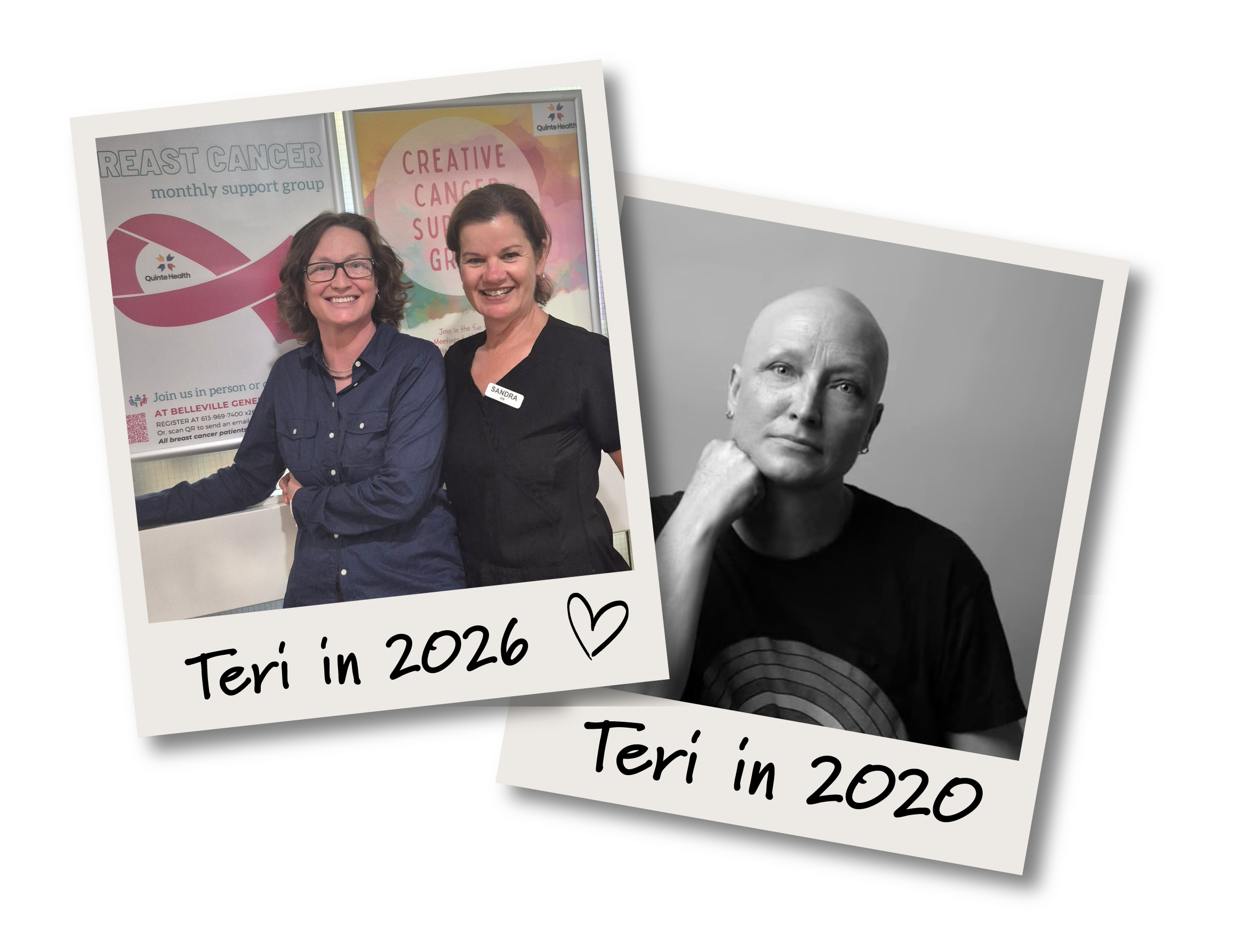 photo of Teri, happy and healthy in 2026, and a contrasting picture of Teri, cancer patient, with a bald head in 2020.
